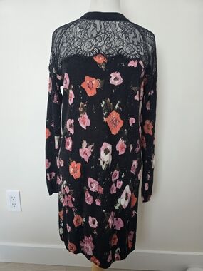 Twin-Set Black Floral Lace-Back Long Sleeve Dress Wool Blend Size M
